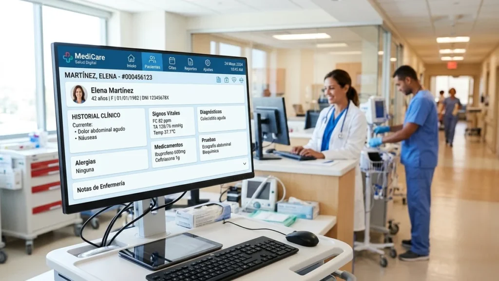 Médicos operando pantallas con software digital de historia clínica hospitalaria