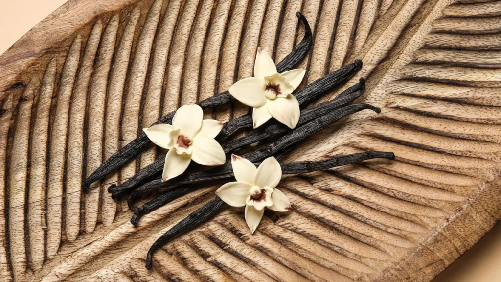Vainas y flores naturales de vainilla sobre superficie de laboratorio