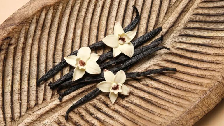 Vainas y flores naturales de vainilla sobre superficie de laboratorio