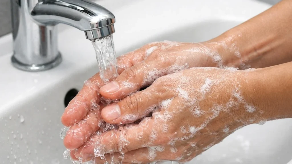 Lavado de manos con abundante agua y jabón para prevenir enfermedades