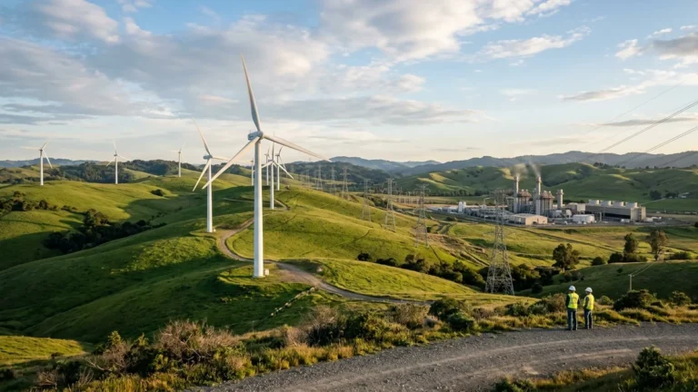 Infraestructura moderna de generación eólica y térmica de gas natural en colinas verdes