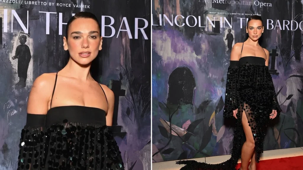 Dua Lipa posa en la alfombra roja luciendo un vestido de gala con lentejuelas