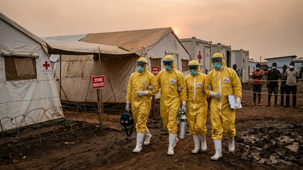 Personal médico con trajes de bioseguridad en centro de aislamiento de ébola en África