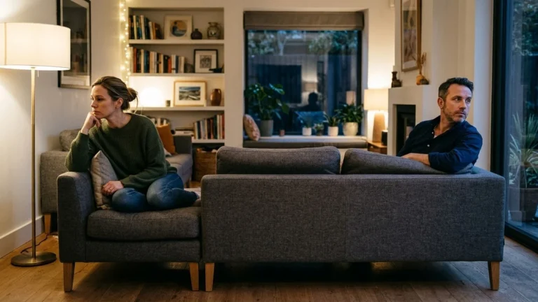 Pareja distanciada en una sala compartiendo espacio pero desconectada emocionalmente