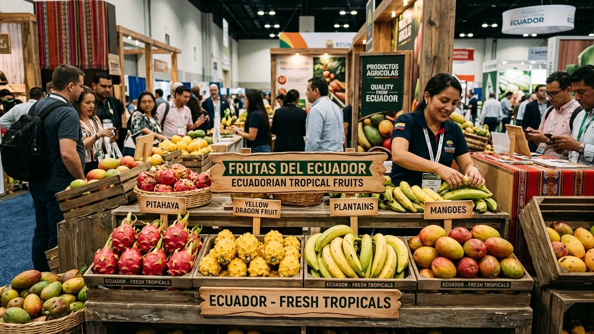 Pabellón de frutas ecuatorianas de exportación en feria agrícola internacional