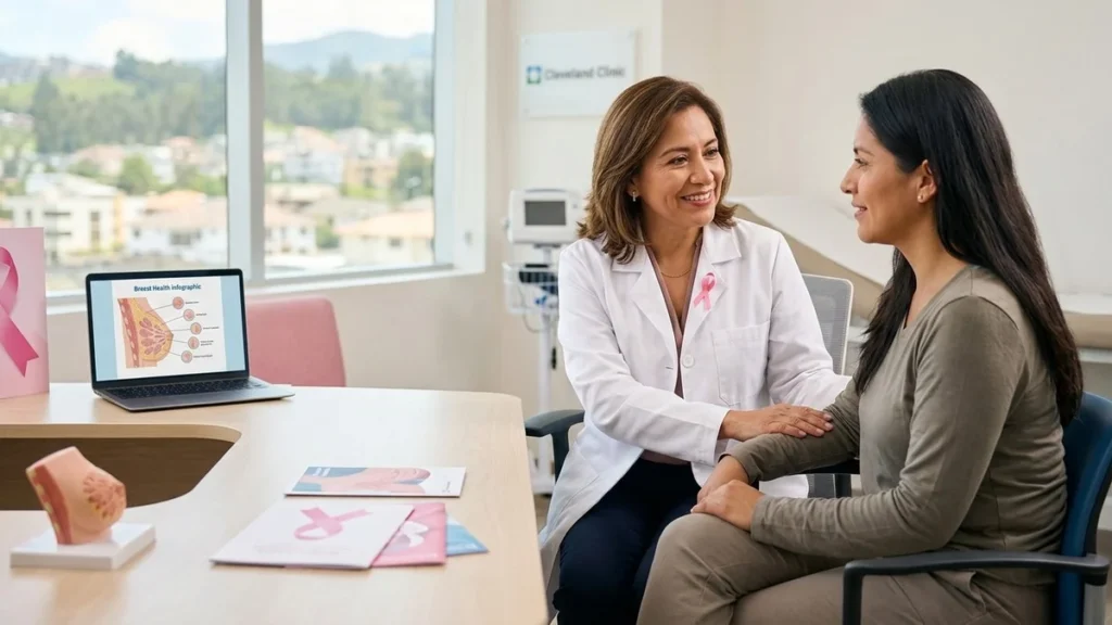 Médica especialista conversando con una paciente sobre chequeos de mama