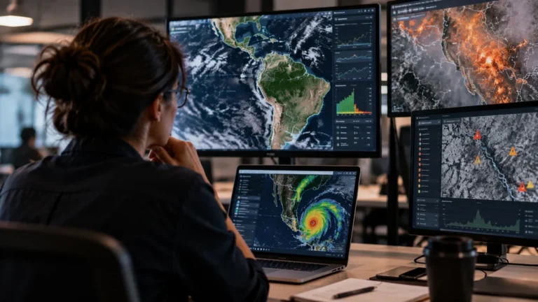 Esquema gráfico sobre procesamiento computarizado de datos satelitales ante emergencias
