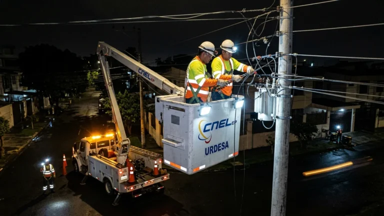 Técnicos de la empresa eléctrica reparando transformadores de luz en Urdesa Guayaquil de noche