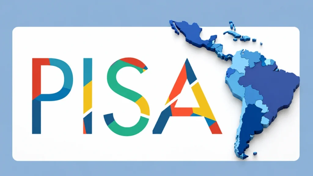 Logotipo de las pruebas PISA con mapa de Latinoamérica