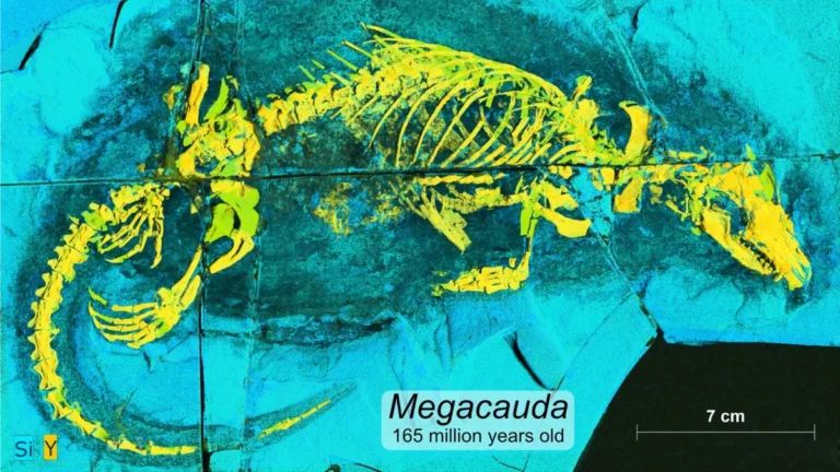 Reconstrucción artística del mamífero jurásico Megacauda sungei en su entorno natural