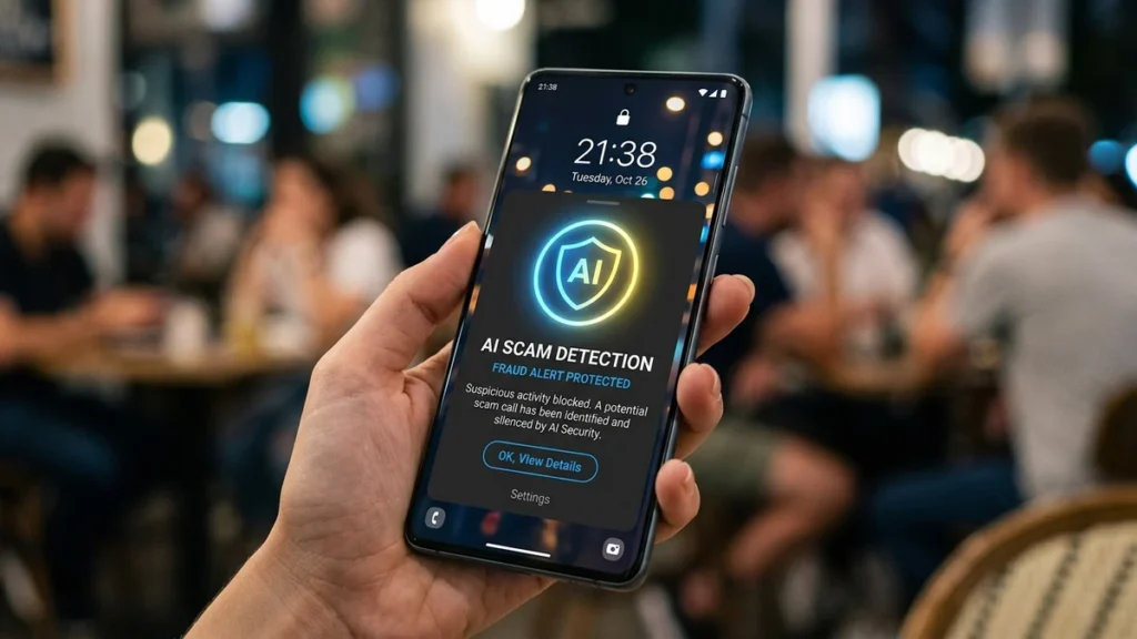Smartphone Android mostrando una alerta de seguridad generada por inteligencia artificial