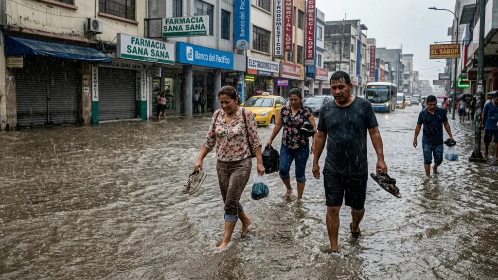 Ciudadanos de Guayaquil caminando con zapatos en mano por calles anegadas.