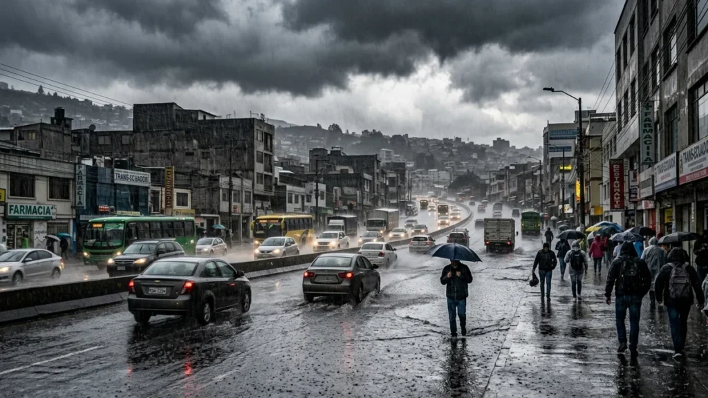Lluvia torrencial sobre calle urbana con tráfico de vehículos y transeúntes con paraguas