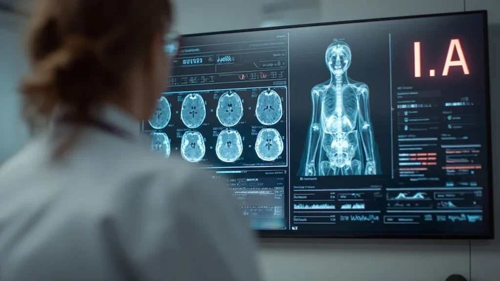 Médicos oncólogos analizando mamografías e imágenes histopatológicas mediante software de inteligencia artificial