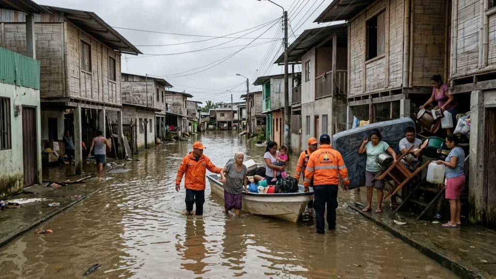 Familias damnificadas por el desbordamiento de ríos en cantones de la Costa ecuatoriana