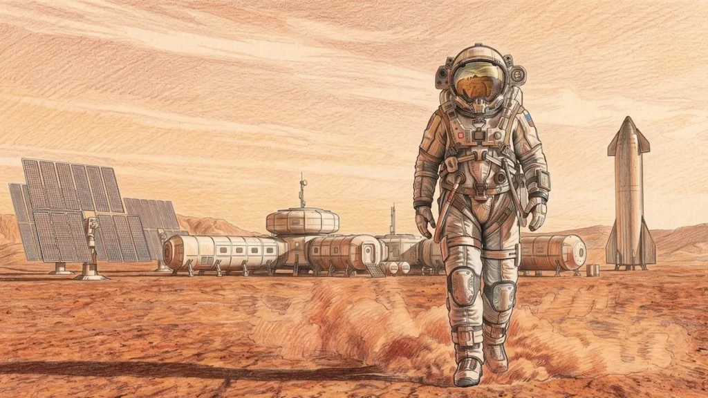 Superficie de Marte y diseño conceptual de traje espacial de la NASA