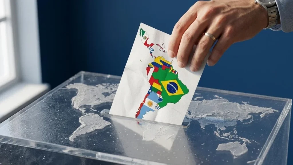 Ciudadanos depositando su voto en una urna electoral en América Latina