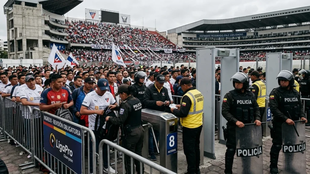 Controles policiales y torniquetes de acceso en un estadio ecuatoriano de la LigaPro