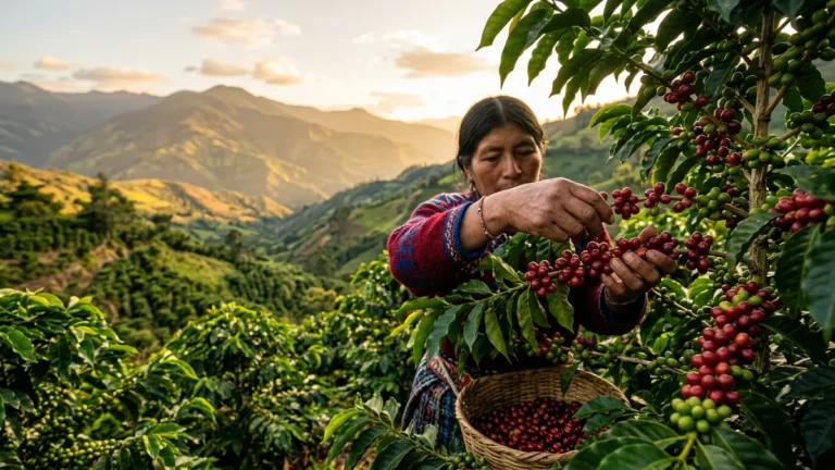 Productora cosechando cerezas maduras de café arábigo en los valles de Loja
