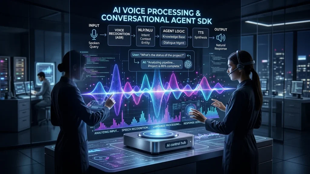 Concepto tecnológico de inteligencia artificial para procesamiento de voz y agentes conversacionales