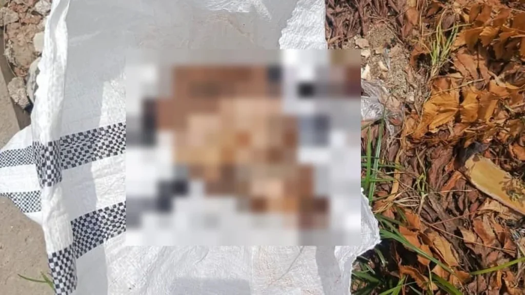 Saco de yute en vía pública donde fue encontrado el cuerpo de perro en Machala