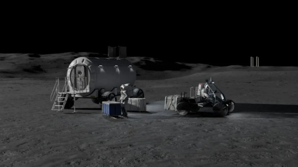 Rover lunar de exploración espacial sobre la superficie rocosa de la Luna