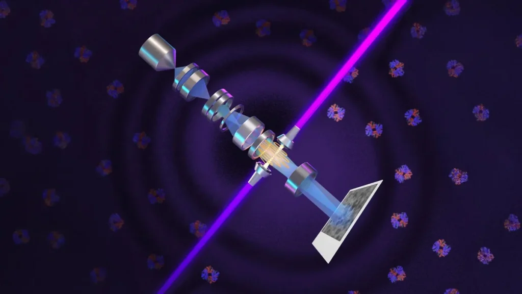 Dispositivo avanzado de microscopía electrónica con placa de fase láser