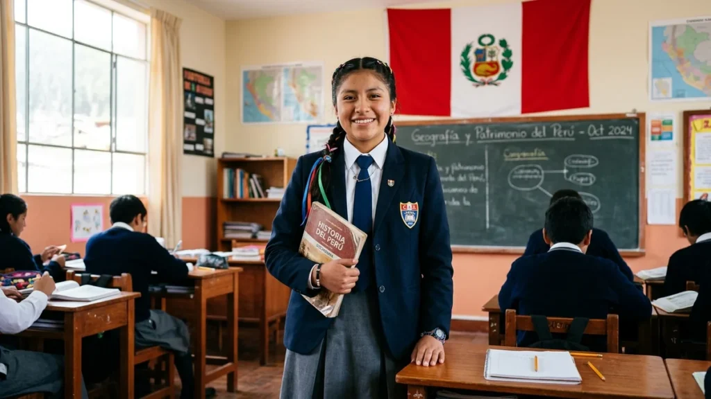 Estudiante peruana en uniforme escolar en un aula con la bandera de Perú de fondo