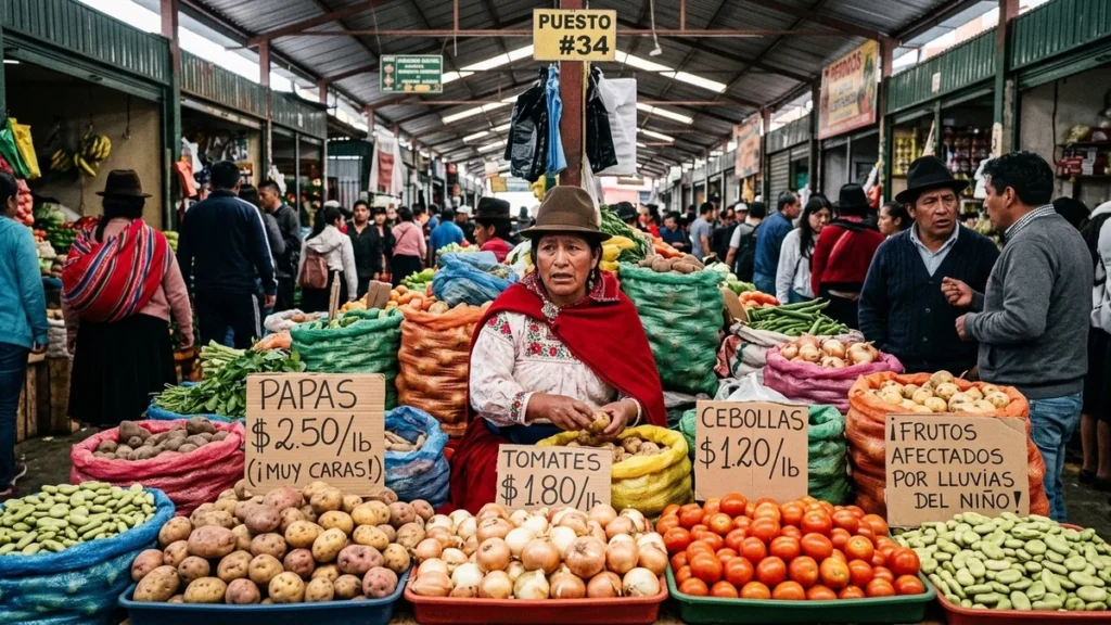 Puestos de hortalizas y legumbres en mercado municipal de Quito con precios elevados