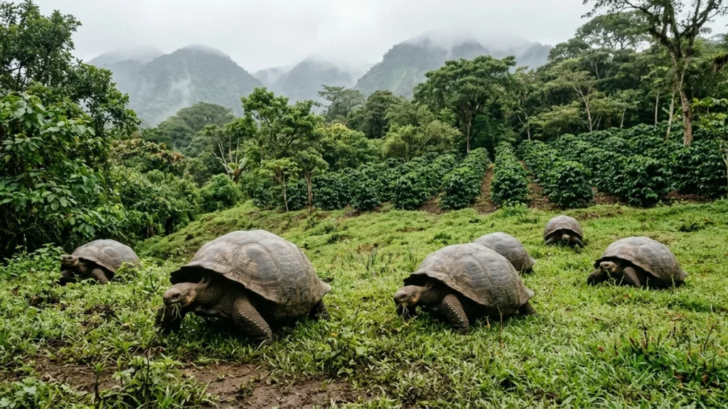Tortugas gigantes en tierras altas de Santa Cruz Galápagos con cafetales de fondo