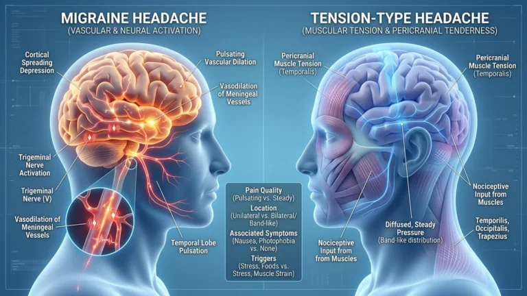 Representación conceptual del cerebro humano iluminando áreas neuronales del dolor durante una migraña