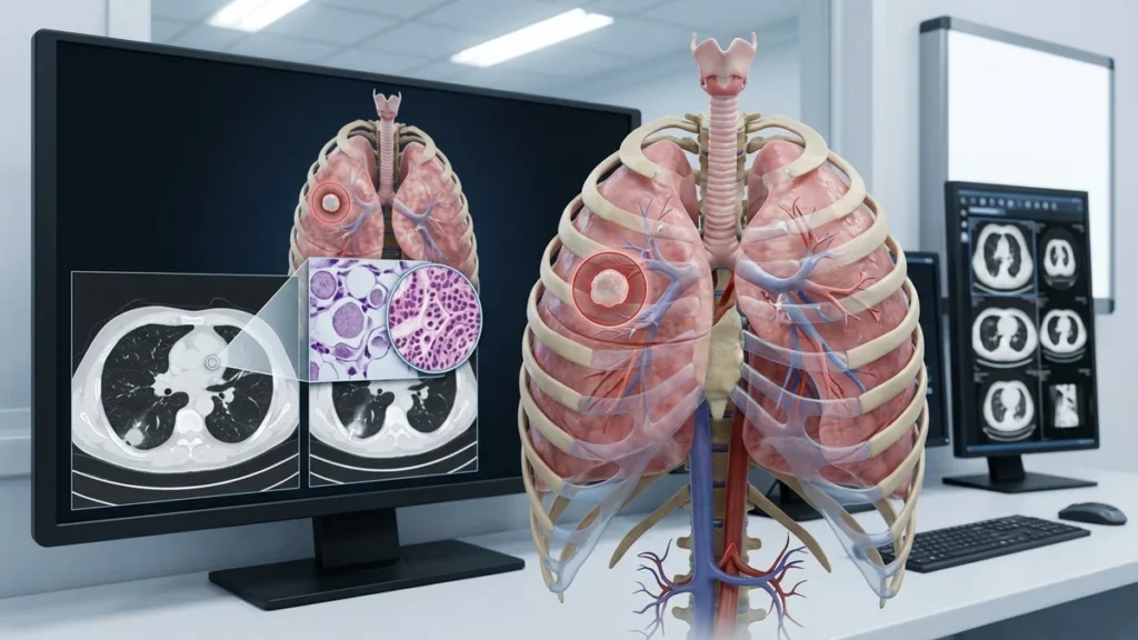 Esquema anatómico y tomografía médica de pulmones con nódulo detectado