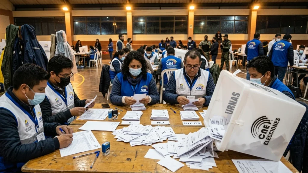 Miembros de las juntas receptoras del voto clasificando papeletas electorales durante el escrutinio en Ecuador