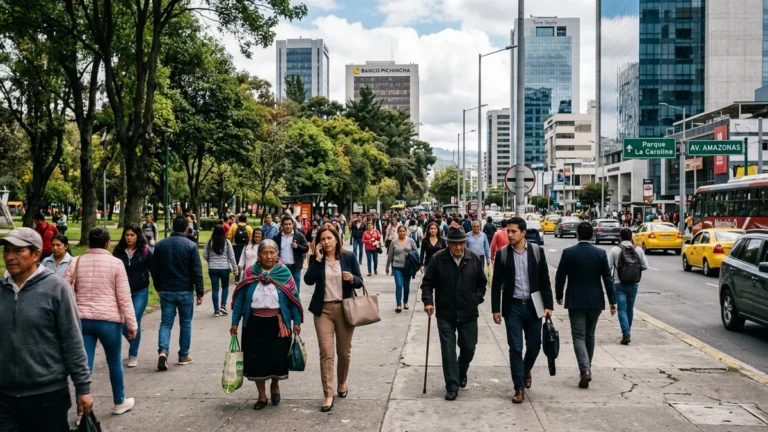 Ciudadanos adultos y personas mayores transitando por una avenida céntrica de Quito