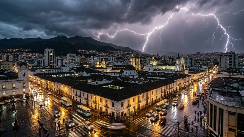 Tormenta eléctrica con relámpagos sobre el perfil urbano de Quito durante la noche