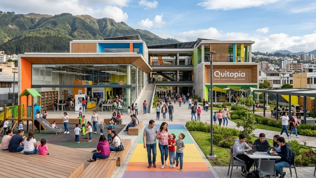 Moderno centro comunitario Quitopía en el norte de Quito con áreas verdes y recreativas