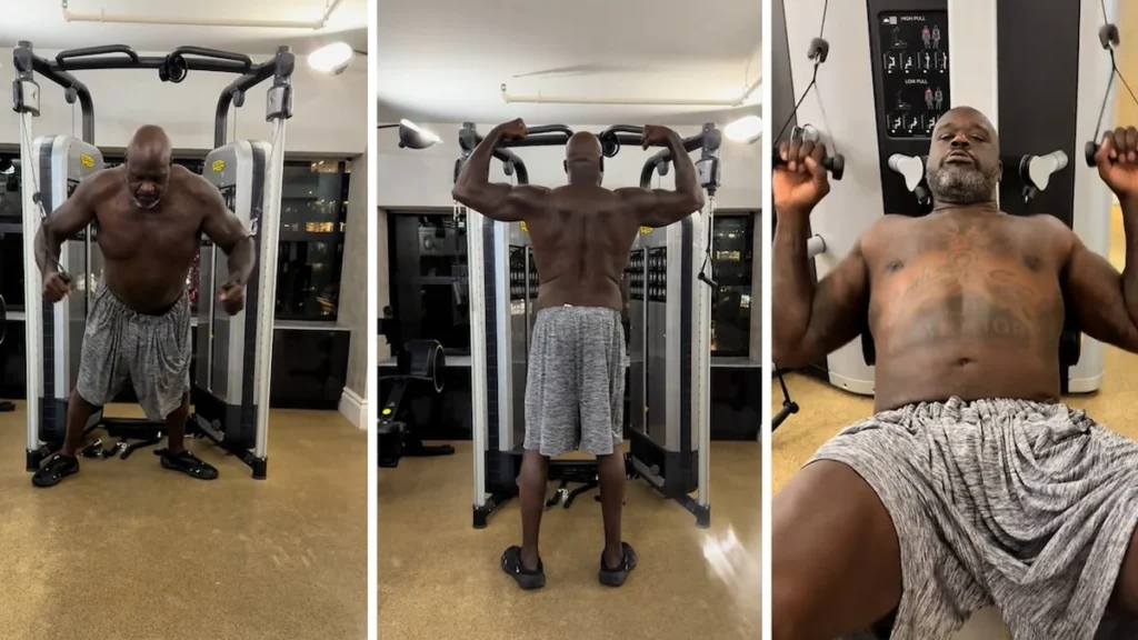 Shaquille O'Neal en gimnasio mostrando su entrenamiento de Shaquille ONeal a los 54 anos