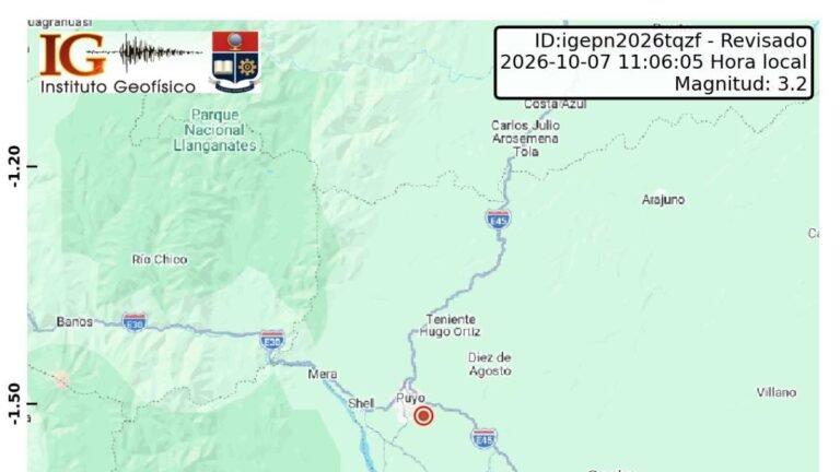 Sismo de magnitud 3,2 se registró en las cercanías de Puyo, provincia de Pastaza