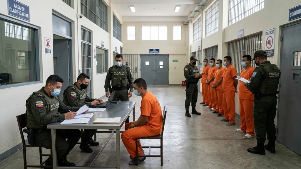 Autoridades del SNAI en proceso de clasificación de reclusos en penal de Ecuador