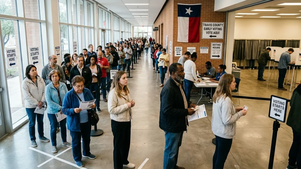 Votantes en Texas esperando pacientemente en fila para emitir su sufragio anticipado