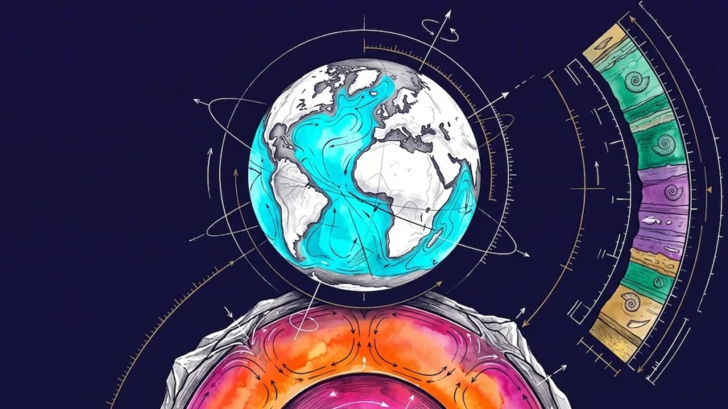 Representación computarizada del eje de rotación y corteza de la Tierra