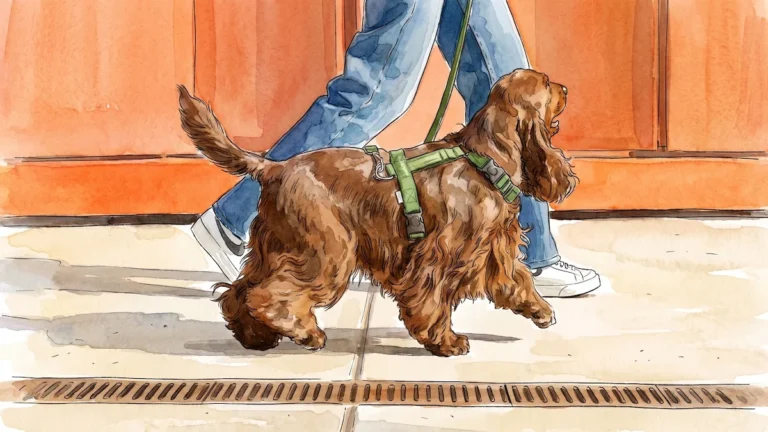 Paseo de perro con correa en parque urbano