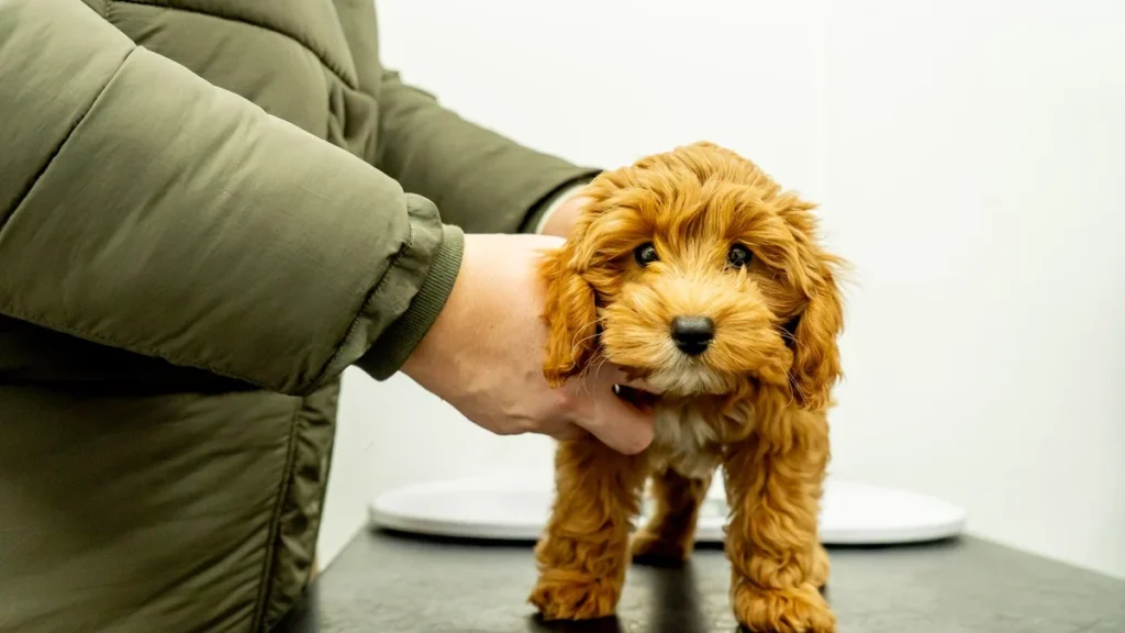 Médico veterinario examinando a un perro durante consulta preventiva