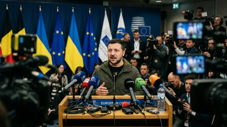 Volodímir Zelenski interviniendo en conferencia ante líderes europeos con terminal satelital