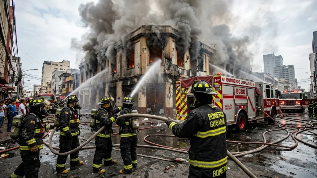 Efectivos del Cuerpo de Bomberos de Guayaquil sofocando incendio en edificio de la calle Chimborazo