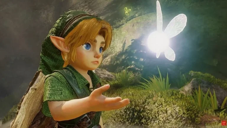 Link empuñando la Espada Maestra frente al Templo del Tiempo en Zelda Ocarina of Time Remake