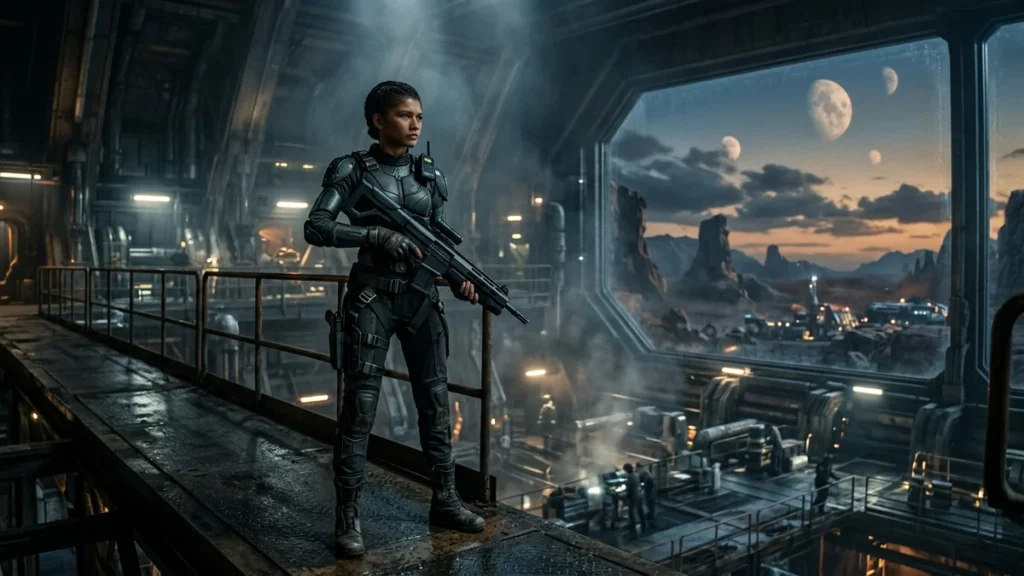 Zendaya en atuendo de exploradora espacial en un set de ciencia ficción