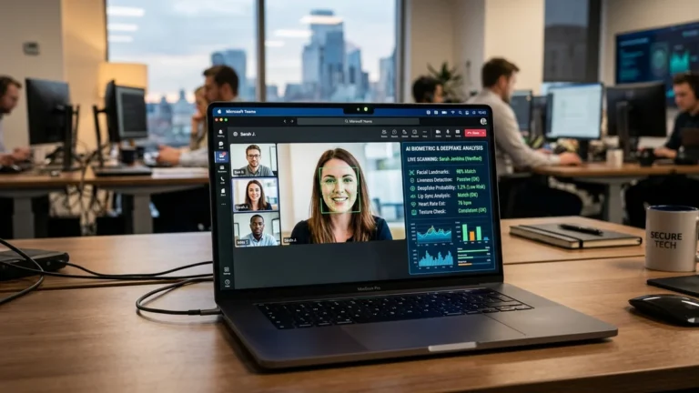 Computadora portátil con software de Zoom analizando parámetros biométricos y detección de deepfakes